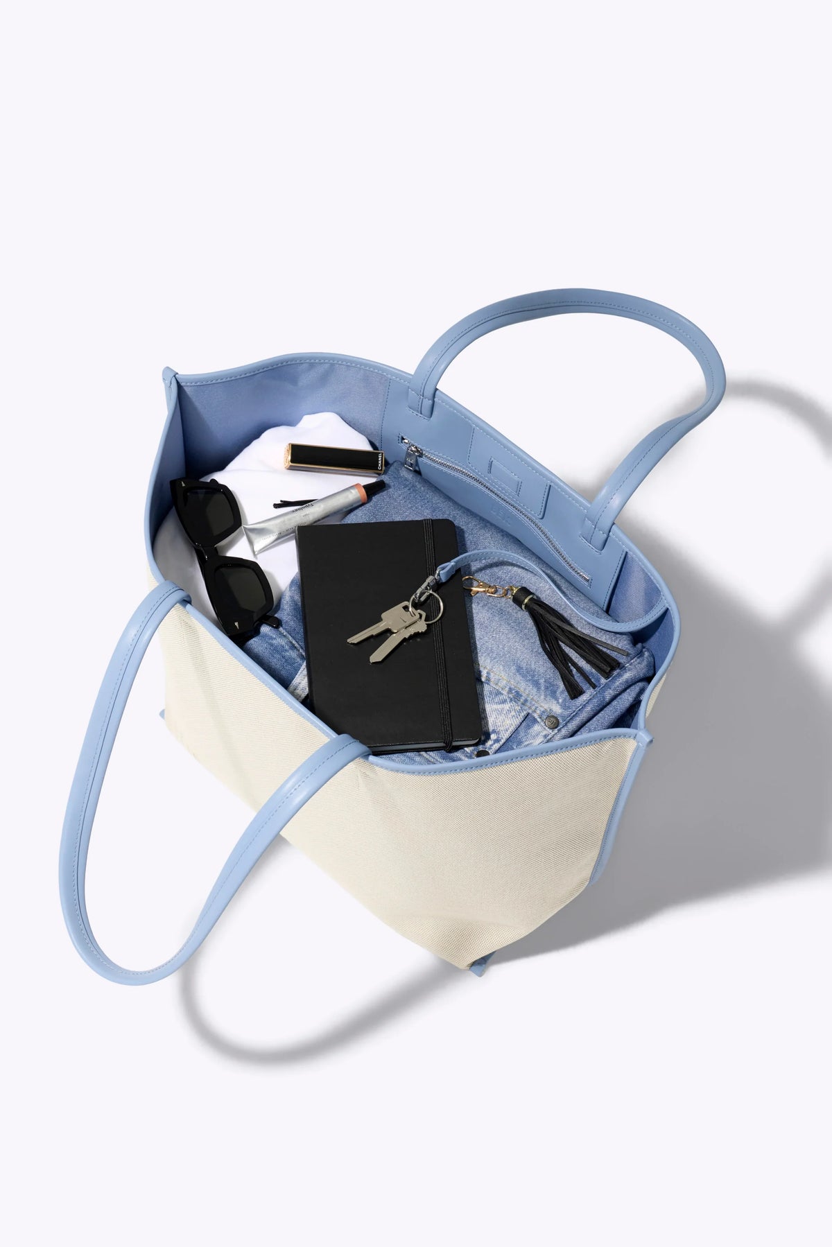The Canvas and Leather Tote in Dusty Blue